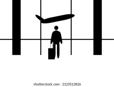 Tourism and airplane travel concept. Vector flat people illustration. a man standing with luggage on airport departure with a plane background.