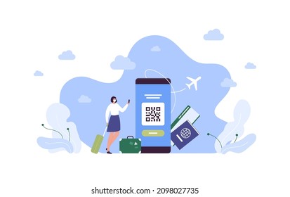 Tourism and airplane travel in pandemy concept. Vector flat people illustration. Female tourist in face mask hold smartphone and luggage. Passport, ticket and qr symbol on sky with plane background.