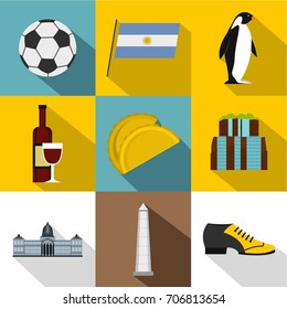 Tourism in Argentina icon set. Flat style set of 9 tourism in Argentina vector icons for web design