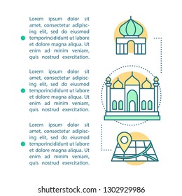 Tourism article page vector template. Turkish culture mosque route. Excursion event sightseeing. Brochure design element with linear icons and text. Print design. Concept illustrations with text space