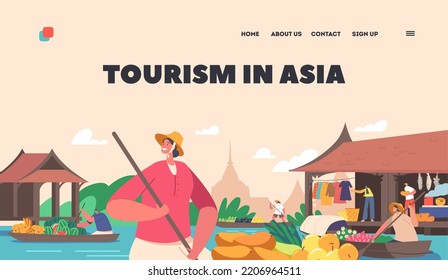 Tourism In Asia Landing Page Template. Traditional Trading In Asian Floating Market In Thailand Concept. Saleswoman Character On Boat With Paddle Sell And Buy Goods. Cartoon Vector Illustration