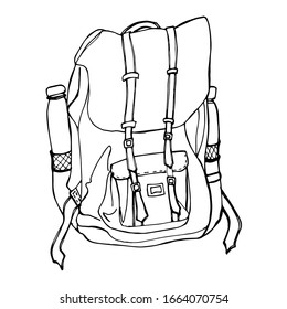Tourism Backpack Vector. flat black and white illustration. travel backpack in retro style. Camping and mountain walks. Isolated apartment. For Coloring Book