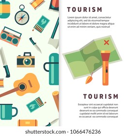 Tourism banner design with flat map light and accessories. Vector illustration