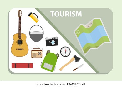 Tourism banner with map and travel accessories. Tourist set. Vector illustration of tourism concept.