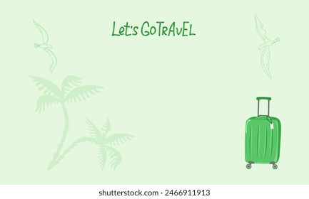 Tourism banner, travel suitcase, hand lettering. Traveling with luggage. Seagull bird, palm tree silhouette. Holidays at sea, space for text. A bag with a handle, wheels. Summer holidays.