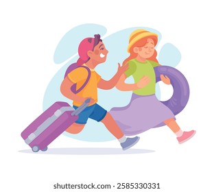 Tourism with Boy and Girl Character with Suitcase Vector Illustration