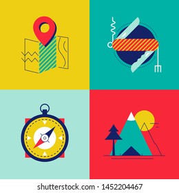 Tourism and camping - colorful flat design style elements. High quality unusual collection of bright images. A map, multitool, compass, mountain, tree, the sun. Traveling, active lifestyle concept