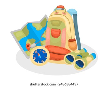 Tourism or camping concept. Tourist backpack, compass, map and binoculars. Vector flat illustration