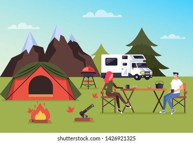 Tourism camping forest concept. Vector flat cartoon graphic design isolated illustration