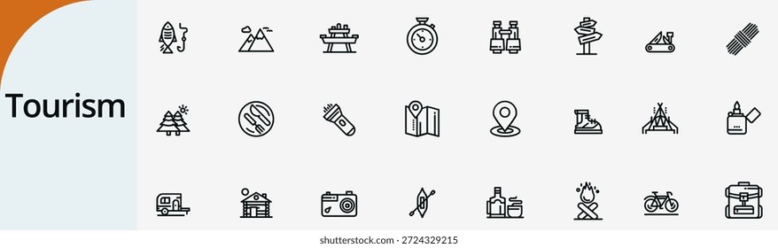 Conjunto de iconos de turismo y camping, línea delgada Ilustración vectorial mínima