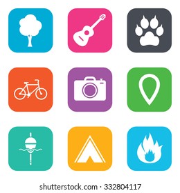Tourism, camping icons. Fishing, fire and bike signs. Guitar music, photo camera and paw with clutches. Flat square buttons. Vector