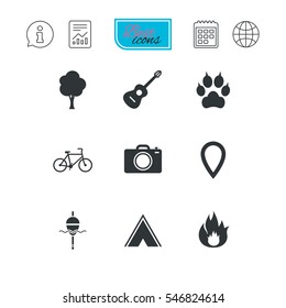 Tourism, camping icons. Fishing, fire and bike signs. Guitar music, photo camera and paw with clutches. Report document, calendar and information web icons. Vector