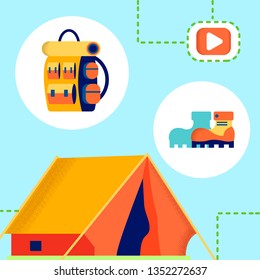 Tourism, Camping Internet Blog Vector Illustration. Hiking Accessories on Blue Background. Knapsack, Boots, Tent and Play Icon. Trekking Online Vlog, Outdoor Leisure, Recreation, Outing