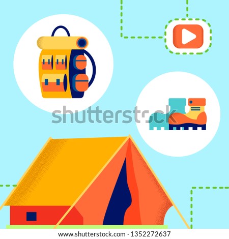 Tourism, Camping Internet Blog Vector Illustration. Hiking Accessories on Blue Background. Knapsack, Boots, Tent and Play Icon. Trekking Online Vlog, Outdoor Leisure, Recreation, Outing