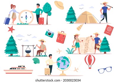 Tourism and camping isolated elements set. Bundle of people go on hike, relax with tents in nature, pick mushrooms, cooking, travel world. Creator kit for vector illustration in flat cartoon design