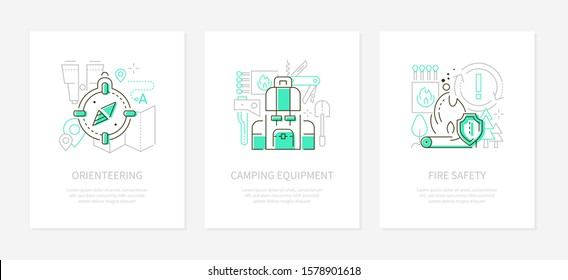 Tourism and camping - line design style banners. Orienteering, hiking equipment and fire safety ideas line illustrations with icons and place for text. Traveling, vacation, active lifestyle concept