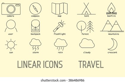 Tourism, camping linear icons set 