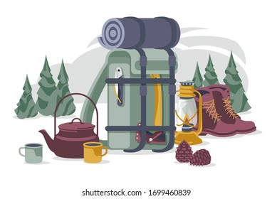 Tourism and camping objects set with backpack, teapot, cups, gas lamp, hiking boots, knife, ax and bumps isolated on white background