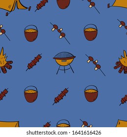 Tourism and camping seamless pattern. Barbecue. Doodle camping elements. Vector illustration.