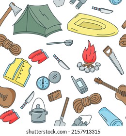 Tourism and camping seamless pattern. Concept background with hiking items. Template with tent, boat, fire, compass and others. Model doodle style picnic vector illustration