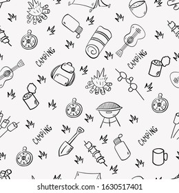 Tourism and camping seamless pattern. Doodle camping elements. Vector illustration.
