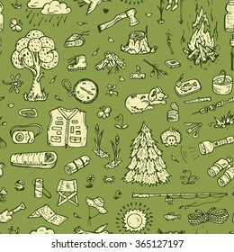Tourism and camping Seamless pattern. Hand drawn doodle Camping Elements - vector illustration