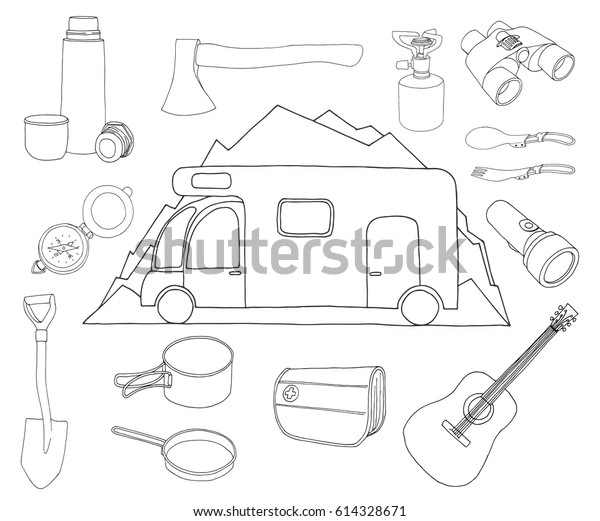 Tourism and camping set. Camper on a background of\
mountains. Emblem, logo car camping. Hand drawn vector illustration\
of a sketch style.