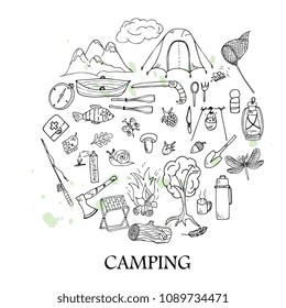 Tourism and camping set in circle. Hand drawn doodle Camping Elements - vector illustration.  Travel and adventure collection outline.