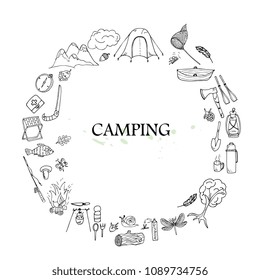 Tourism and camping set in circle. Hand drawn doodle Camping Elements - vector illustration.  Travel and adventure collection outline.
