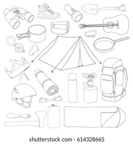 Tourism and camping set. Hand drawn vector illustration of a sketch style.