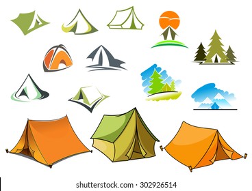 Tourism and camping symbols with tents and nature landscapes with mountains and forest. For travel and adventure design