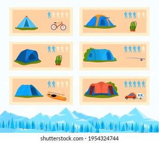 Tourism capacity tent, outdoor camp equipment, mountain vacation, adventure tourist, design, flat style vector illustration.