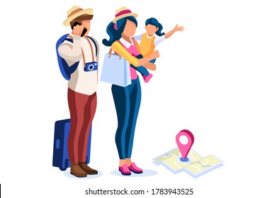 Tourism, character with map and camera take travel. Hipster group vacation, urban group on travel with camera. Cartoon characters, tourists. People in Europe, tourism concept. Illustration Vector.