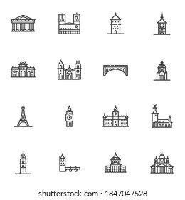 Tourism cities landmarks line icons set, outline vector symbol collection, linear style pictogram pack. Signs, logo illustration. Set includes icons as European cities landmark, big ben tower, bridge