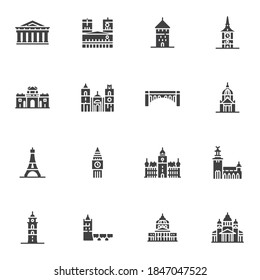 Tourism cities landmarks vector icons set, modern solid symbol collection, filled style pictogram pack. Signs, logo illustration. Set includes icons as European cities landmark, big ben tower, bridge