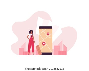 Tourism and city travel concept. Vector flat people illustration. African female tourist with luggage and photo camera. Smartphone with map on screen on abstract city building background,
