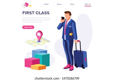 Tourism Clip Customer Collection. Cart for Travel, Businessman Client Set with Baggage Element, Staff, Art. European Person at the Hotel. Cartoon Flat Vector Illustration, Hero Images Isometric Banner