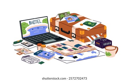 Tourism composition. Planning journey, booking tickets, reservation of hotel for trip. Travel items, suitcase, baggage, luggage for vacation tour. Flat isolated vector illustration on white background