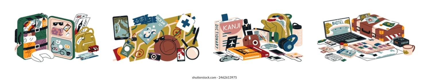 Tourism compositions set. Gathering in travel. Suitcases with things to journey, trip baggage, tour luggage. Planning of route on map, booking hotel. Flat isolated vector illustrations on white