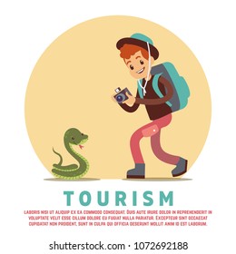 Tourism concept banner or poster with flat male tourist and snake. Vector illustration