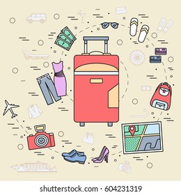 Tourism concept design. Holiday vacation vector elements. Flat trip thin lines style icons illustration.Transport and different equipment for travel background