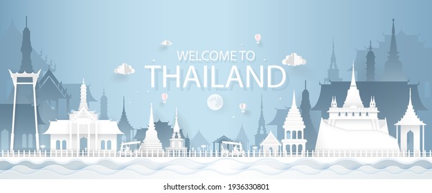 Tourism Concept With Historic Architecture Of Thailand Cityscape. Vector Illustration.