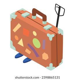 Icono de concepto de turismo vector isométrico. Gran maleta de viajero en el elevador de horquilla de mano. Descanso de verano, viajes, vacaciones
