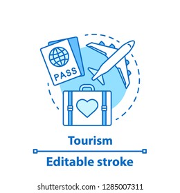Tourism concept icon. Travel idea thin line illustration. Summer vacation. Trip, journey. Vector isolated outline drawing. Editable stroke