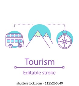 Tourism concept icon. Traveling idea thin line illustration. Mountain trip. Vector isolated outline drawing. Editable stroke