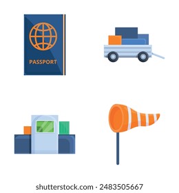 Tourism concept icons set cartoon vector. Attribute of air travel worldwide. Time to travel