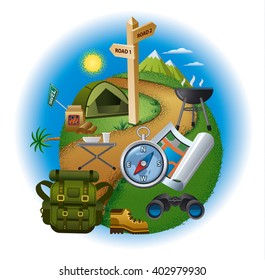 tourism concept illustration, hiking and travel, equipment for camping and navigation map