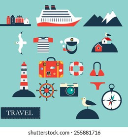 Tourism concept image sea vacation flat vector icons sea cruise