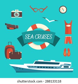 Tourism concept image sea vacation flat vector icons with ship