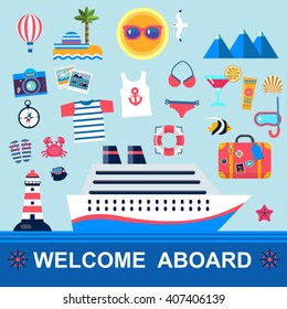 Tourism concept image sea vacation flat vector icons sea cruise